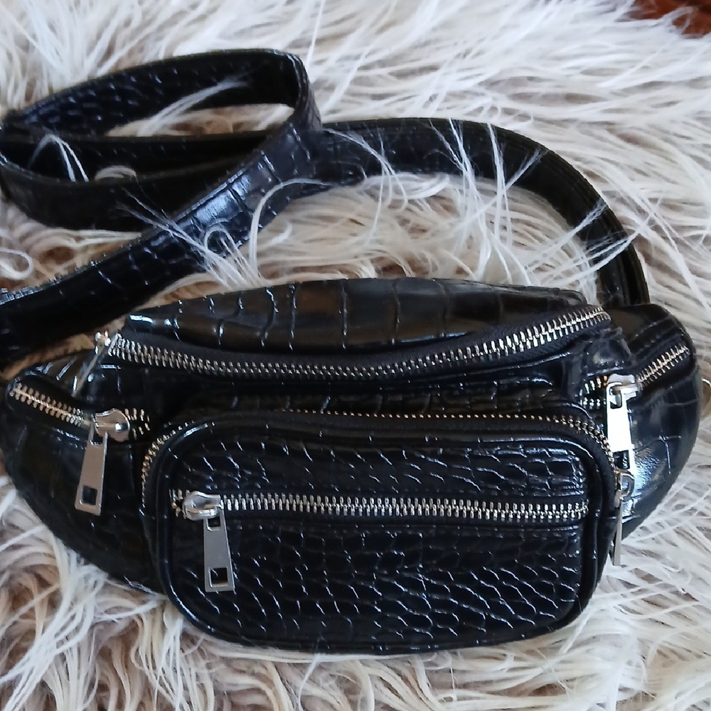 Black Crocodile-Embossed Belt Bag